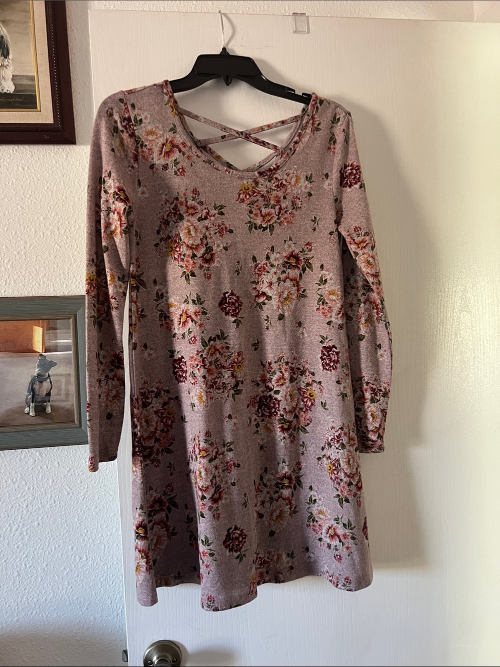 just be Mauve Floral Crisscross V-Neck Long Sleeve Dress